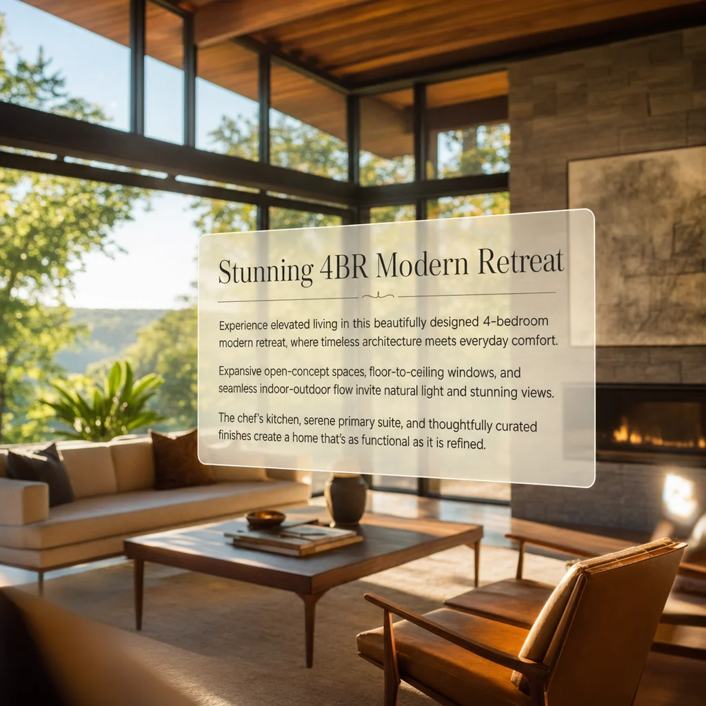 A sunlit modern living room with a floating, semi-transparent listing description card overlaid in front of it