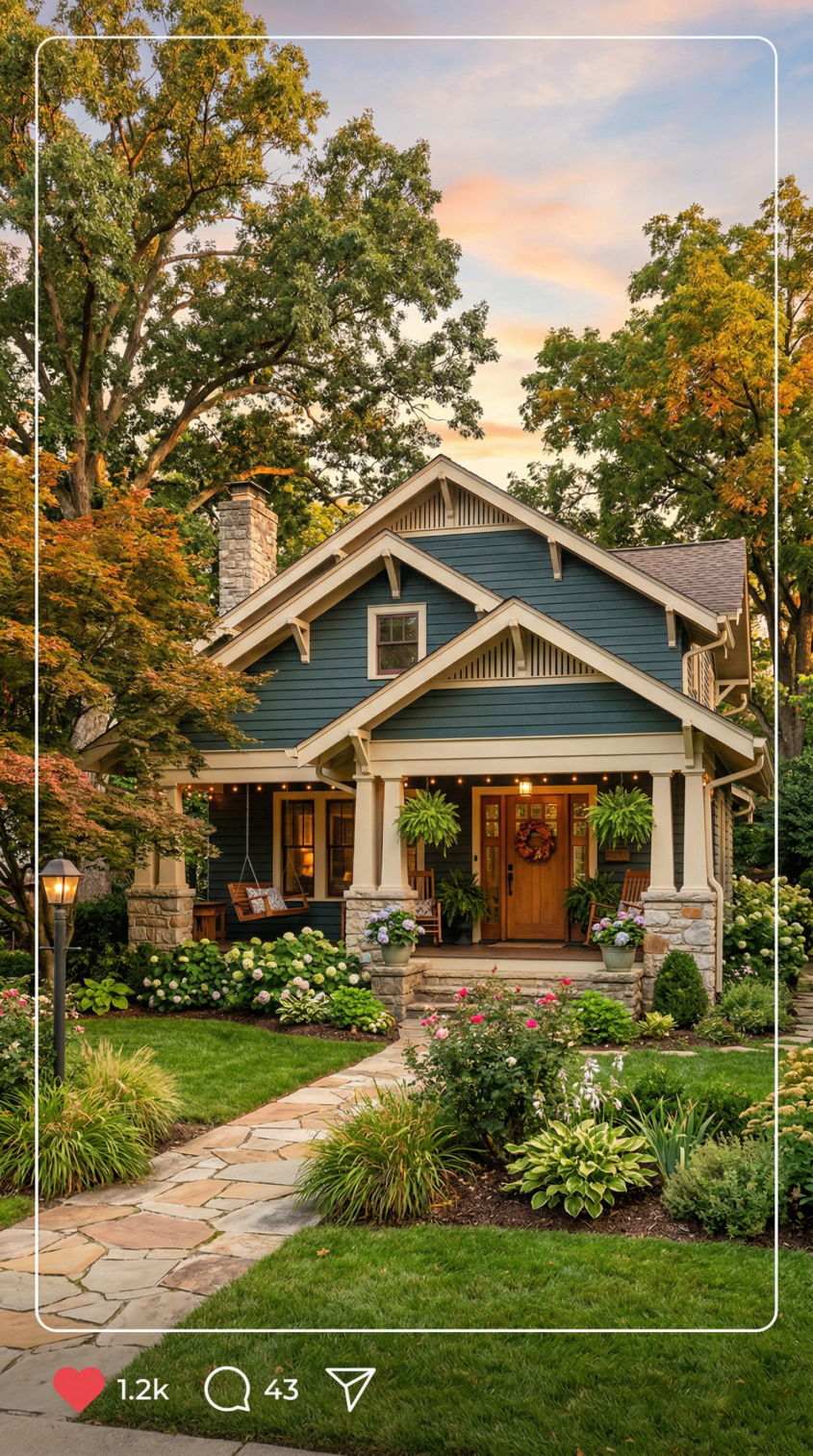 A beautiful home exterior styled as a social media post with engagement metrics